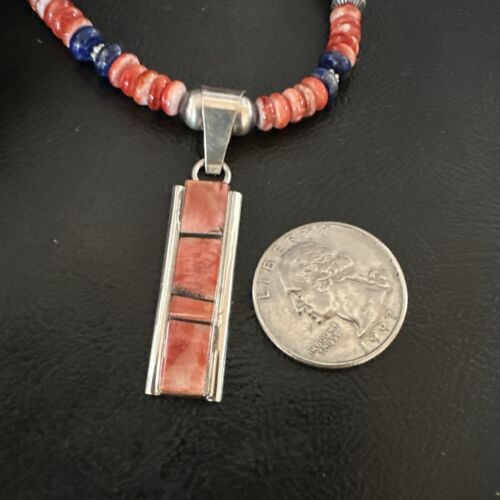 Navajo Pearls Sterling Silver Necklace | Lapis & Red Spiny Oyster Pendant | 17051