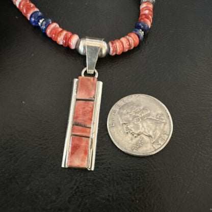 Navajo Pearls Sterling Silver Necklace | Lapis & Red Spiny Oyster Pendant | 17051