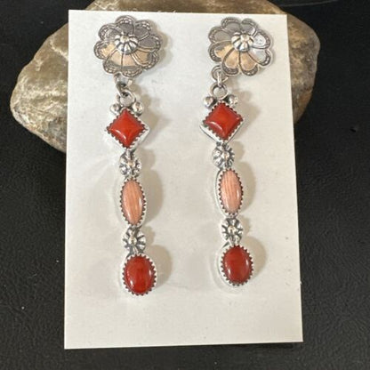 Navajo Red Pink Coral Mother of Pearl Dangle Earrings | Sterling Silver | Authentic Native American Handmade | 15327