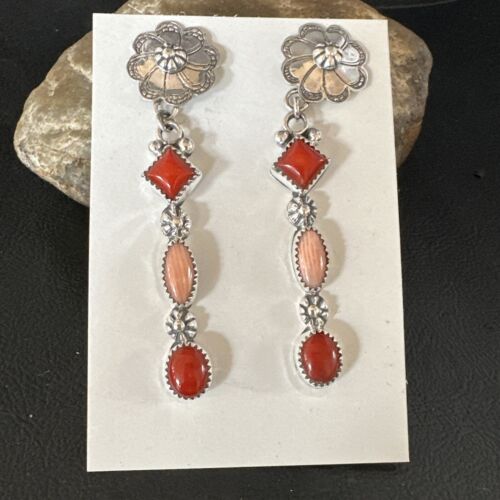 Navajo Red Pink Coral Mother of Pearl Dangle Earrings | Sterling Silver | Authentic Native American Handmade | 15327