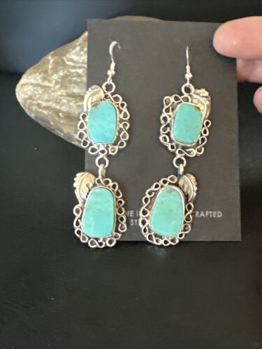 Navajo Blue Kingman Turquoise Dangle Earrings | Sterling Silver | Authentic Native American Handmade | 15188
