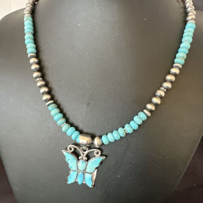 Navajo Butterfly Blue Ridge Turquoise Inlay Pendant Necklace | Sterling Silver | Native American Handmade | 16486