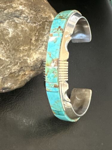 Navajo Blue Turquoise #8 Cuff Bracelet | Sterling Silver | Authentic Native American Handmade | 16899