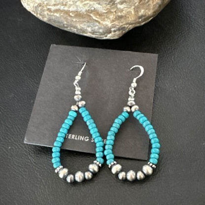 Navajo Teal Blue Turquoise 4mm Bead Earrings | Sterling Silver Pearls | 2" | Authentic Native American Handmade | 16823