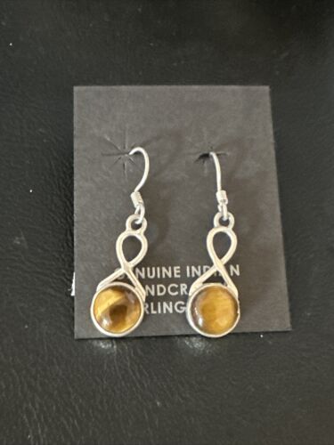 Navajo Coffee Tiger's Eye Dangle Earrings | Sterling Silver | Authentic Native American Handmade | 14921 - Masha USA