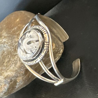 Women's White Buffalo Turquoise Cuff Bracelet | Navajo Sterling Silver | Authentic Native American Handmade | 16249