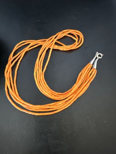 Navajo Orange Coral Tube Heishi Bead Necklace | 5 Strand | Sterling Silver | 20" | 16066