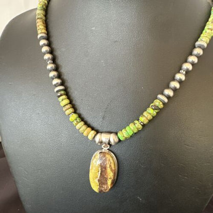 Navajo Green Turquoise Pendant Necklace | Sterling Silver | Authentic Native American Handmade | 16920