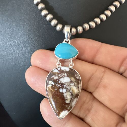 Navajo Wild Horse Blue Kingman Turquoise Necklace | Sterling Silver | Multi-Stone Pendant | 17315