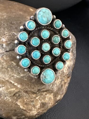 Navajo Blue Turquoise Cluster Ring | Authentic Native American Sterling Silver | Multi-Stone | Adjustable | Sz 7 | 16325