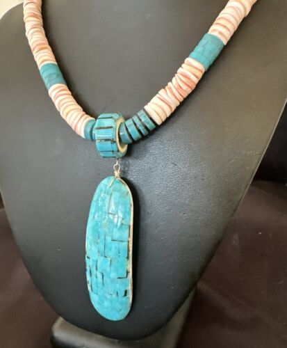 Santo Domingo Turquoise Spiny Oyster Inlay Pendant Necklace | Sterling Silver | 22" | 17437