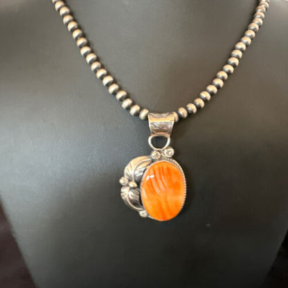 Navajo Orange Spiny Oyster Pendant Necklace | Sterling Silver | Authentic Native American Handmade | 15630