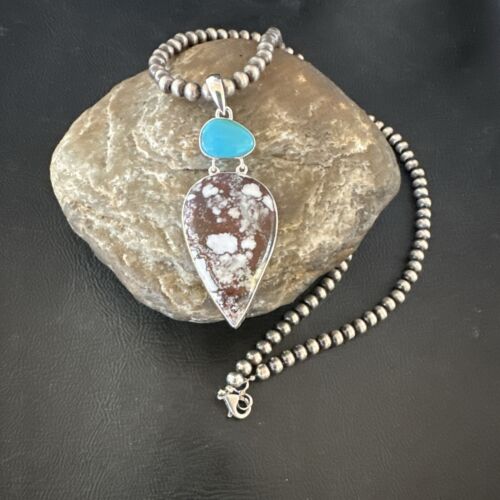 Navajo Wild Horse | Blue Kingman Turquoise Necklace | Sterling Silver | Authentic Native American Handmade | 17304