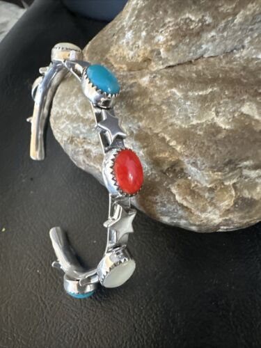 Fourth July Blue Turquoise Coral Mother Of Pearl Navajo Sterling Silver Cuff Bracelet 15338