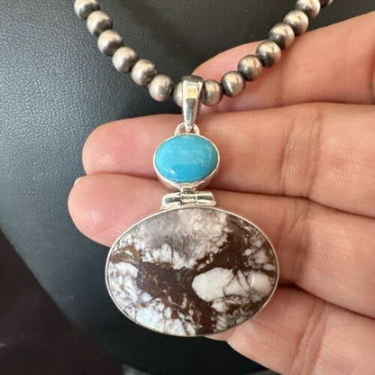 Navajo Wild Horse | Blue Kingman Turquoise Necklace | Sterling Silver | Authentic Native American Handmade | 17338