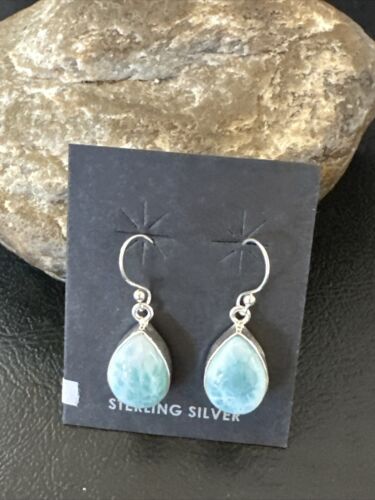 Navajo Blue Larimar Dangle Earrings | Sterling Silver | Authentic Native American Handmade | 17293