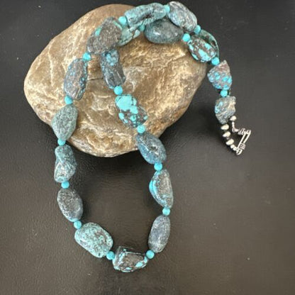 Navajo Blue Nugget Turquoise Bead Necklace | Sterling Silver Pearls | 20" | Authentic Native American Handmade | 16002