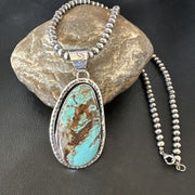 Navajo Blue Turquoise #8 Pendant Necklace | Sterling Silver Pearls | Authentic Native American Handmade | 16346