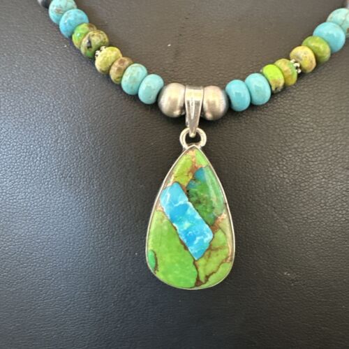 Navajo Blue Green Mojave Turquoise Pendant | Sterling Silver Pearl Necklace | Authentic Native American Handmade | 16923
