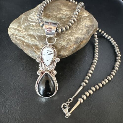 Women's White Buffalo Turquoise Onyx Necklace Pendant | Sterling Silver | Multi-Stone | 15314