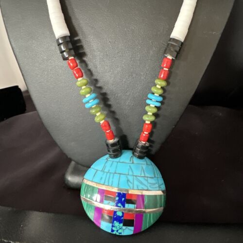 Santo Domingo Shell Turquoise Coral Inlay Necklace | Sterling Silver | 22" | Stabilized | 15324