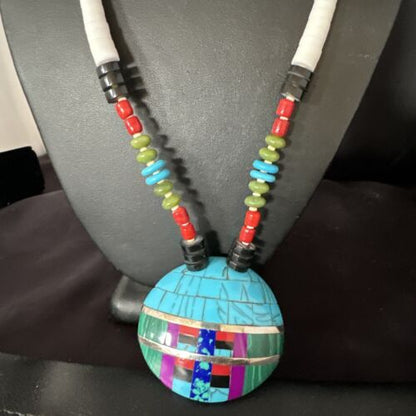 Santo Domingo Shell Turquoise Coral Inlay Necklace | Sterling Silver | 22" | Stabilized | 15324
