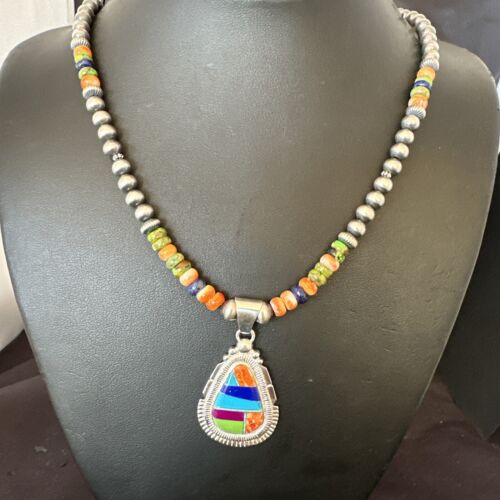 Navajo Spiny Oyster Turquoise Lapis Inlay Pendant Necklace | Sterling Silver | 21" | Authentic Native American Handmade | 16627