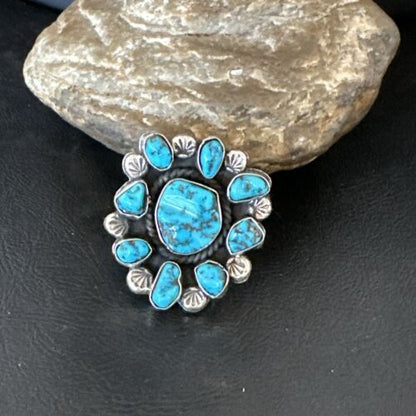Navajo Kingman Turquoise Cluster Ring | Authentic Native American Sterling Silver | Multi-Stone | Sz 9.5 | 17422