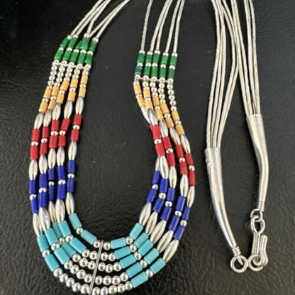 Multicolor Lapis Coral Heishi Liquid Sterling Silver Necklace | 5 Strand | 20" | 15886