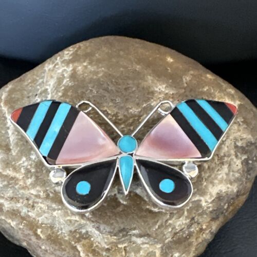 Zuni Butterfly Turquoise Mother of Pearl Onyx Inlay Pin Pendant | Sterling Silver | 15151