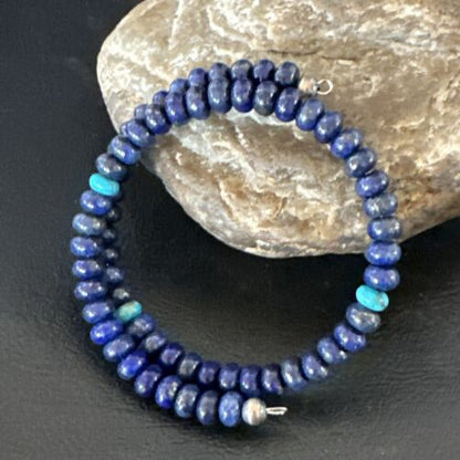 Navajo Lapis Turquoise Heishi Bracelet | Stainless Steel Memory Wire 6mm | Authentic Native American Handmade | 17614