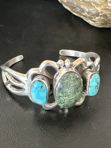 Kingman Turquoise Navajo Cuff Bracelet | Sterling Silver Tufa Cast | Authentic Native American Handmade | 16785