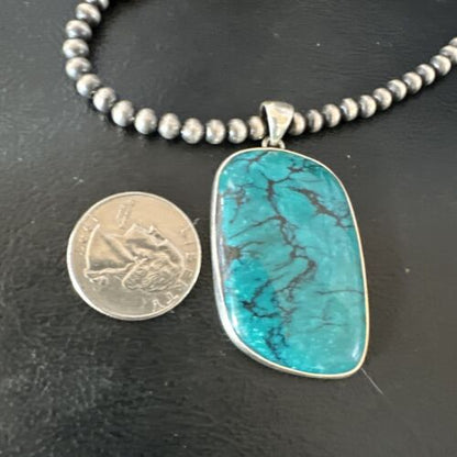 Men's Navajo Blue Spiderweb Turquoise Pendant Necklace | Sterling Silver | Authentic Native American Handmade | 16209