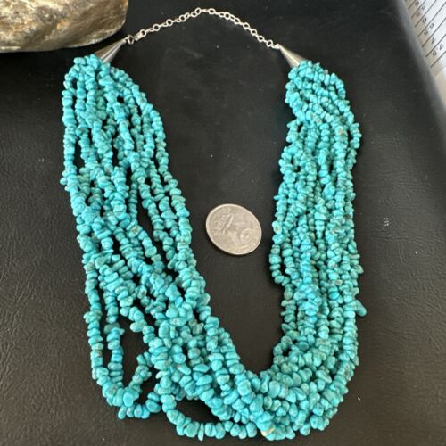Blue Turquoise Nugget Bead Necklace | 10 Strand | Navajo Sterling Silver | 22" | 15030