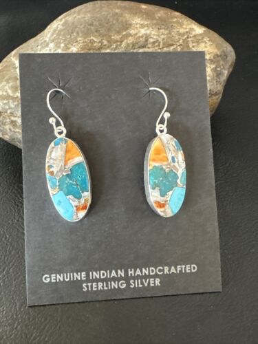 Navajo Blue Turquoise & Orange Spiny Oyster Inlay Dangle Earrings | Sterling Silver | 15586