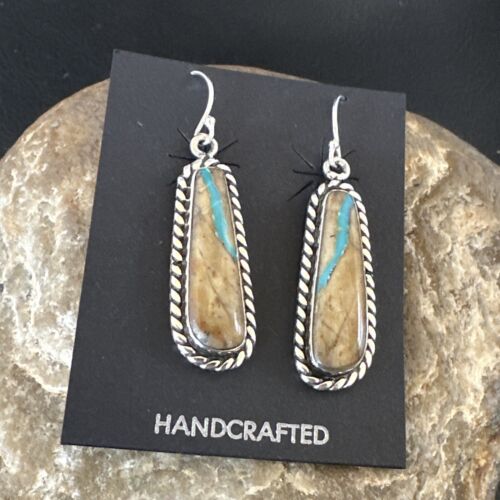 Navajo Blue Boulder Turquoise Dangle Earrings | Sterling Silver | Authentic Native American Handmade | 16498