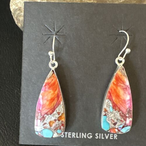 Navajo Red Spiny Oyster Turquoise Inlay Dangle Earrings | Sterling Silver | Authentic Native American Handmade | 15559