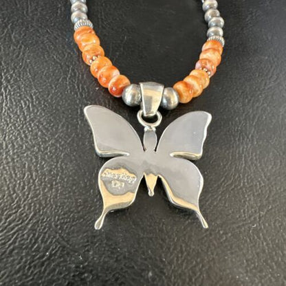 Navajo Butterfly Orange Spiny Oyster Inlay Sterling Silver Pendant Necklace | 15428