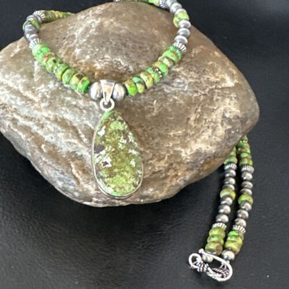 Navajo Green Turquoise Pendant Necklace | Sterling Silver Pearls | Authentic Native American Handmade | 16234