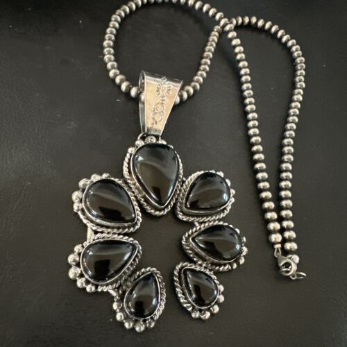 Navajo Men's Black Onyx Naja Pendant Necklace | Sterling Silver Pearls | Authentic Native American Handmade | 16808