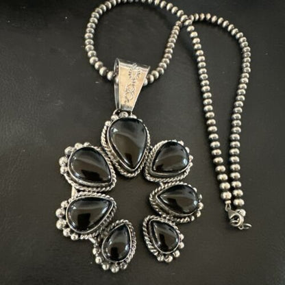 Navajo Men's Black Onyx Naja Pendant Necklace | Sterling Silver Pearls | Authentic Native American Handmade | 16808