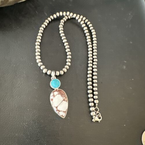 Navajo Wild Horse Blue Kingman Turquoise Necklace | Sterling Silver | Authentic Native American Handmade | 17318