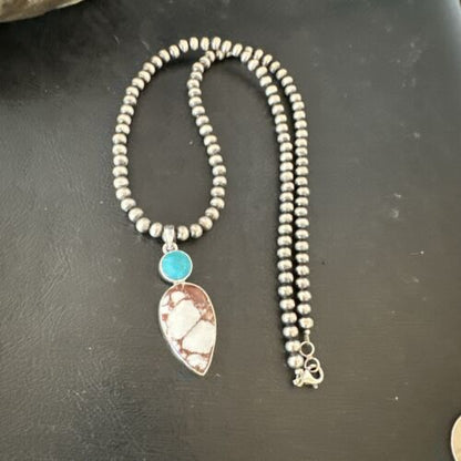 Navajo Wild Horse Blue Kingman Turquoise Necklace | Sterling Silver | Authentic Native American Handmade | 17318