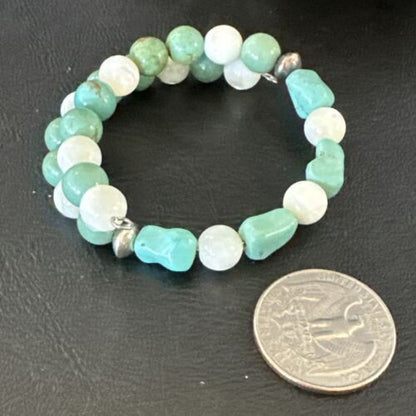 Turquoise Memory Wire Bracelet | Stainless Steel | Mother of Pearl Beads | 7" | 17629
