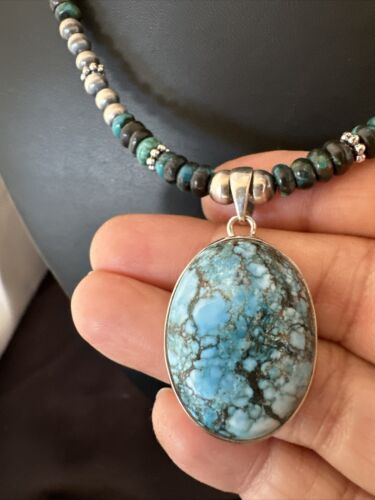 Men's Spiderweb Turquoise Pendant | Navajo Pearls Sterling Silver Necklace | Authentic Native American Handmade | 17301