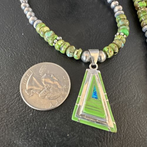 Navajo Green Gaspeite Turquoise Pendant Necklace | Sterling Silver | Native American Handmade | 15426