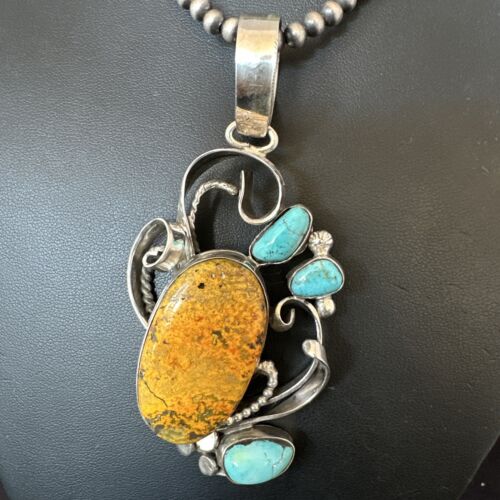 Bumblebee Jasper Turquoise Multi-Stone Pendant | Sterling Silver Necklace | Authentic Native American Handmade | 15947 - Masha USA