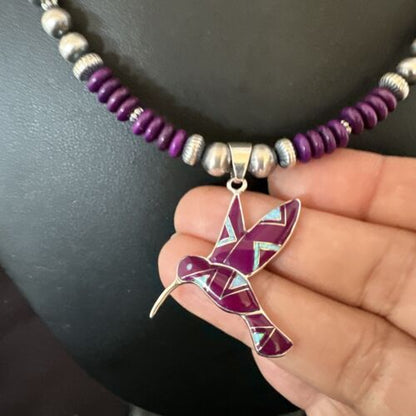 Navajo Hummingbird Purple Sugilite Inlay Pendant Necklace | Sterling Silver Inlay | Authentic Native American Handmade | 16762