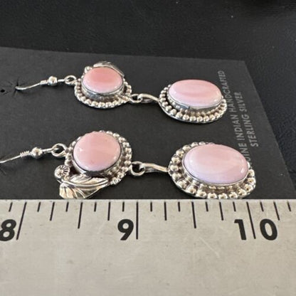 Navajo Pink Conch Shell Dangle Earrings | Sterling Silver | Authentic Native American Handmade | 17193
