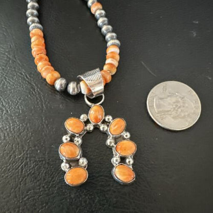 Navajo Orange Spiny Oyster Inlay Naja Pendant | Sterling Silver | Authentic Native American Handmade | 17428